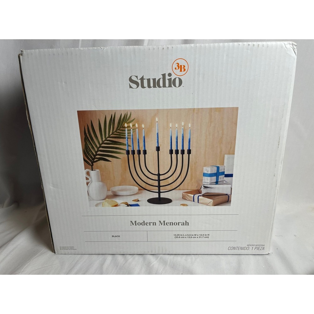 Studio3B Modern Menorah Black Matte Metal Hanukkah Candelabra Minimalist 13.25in